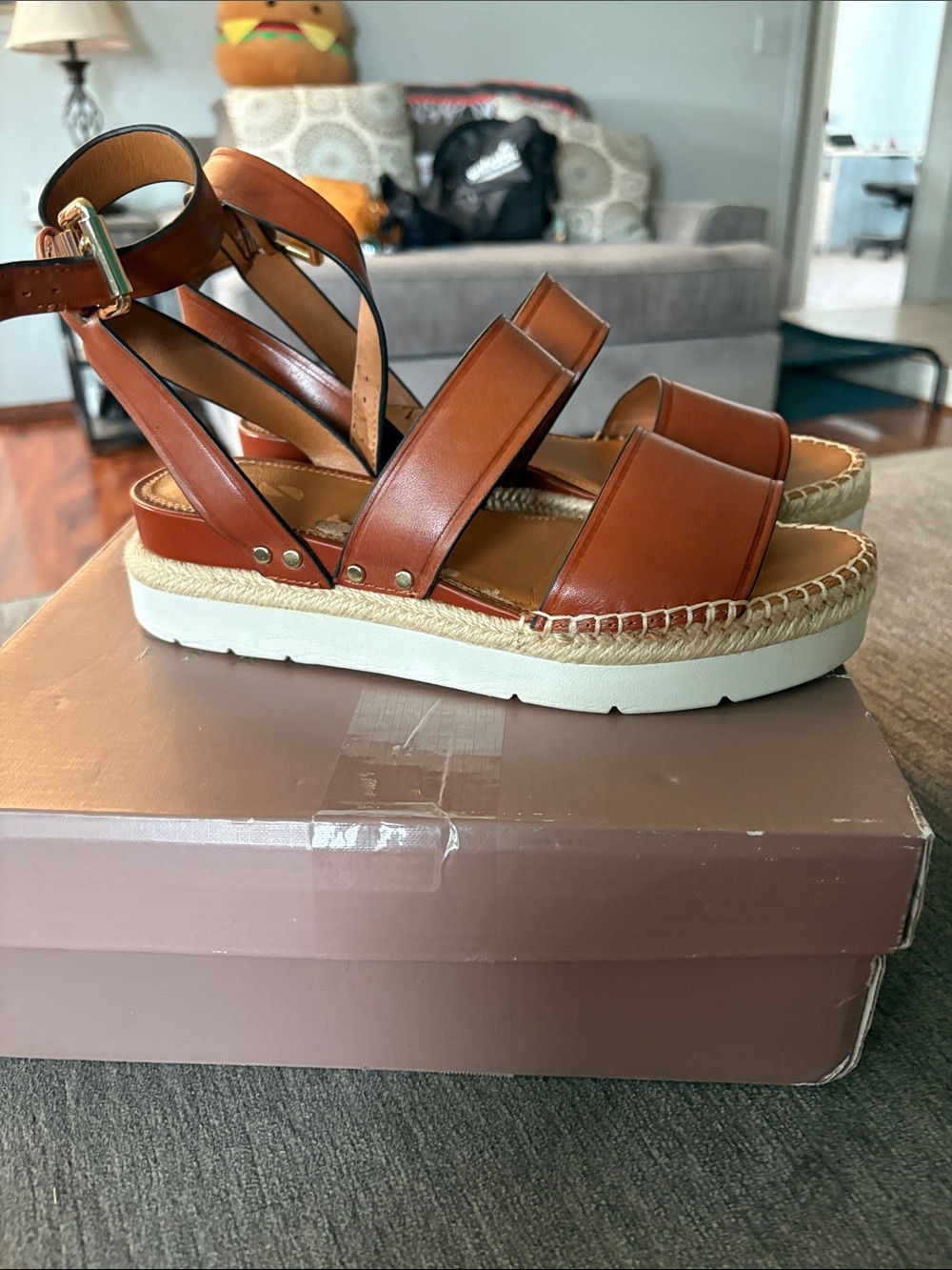 Franco Sarto Cognac Leather Espadrille Platform Sandals